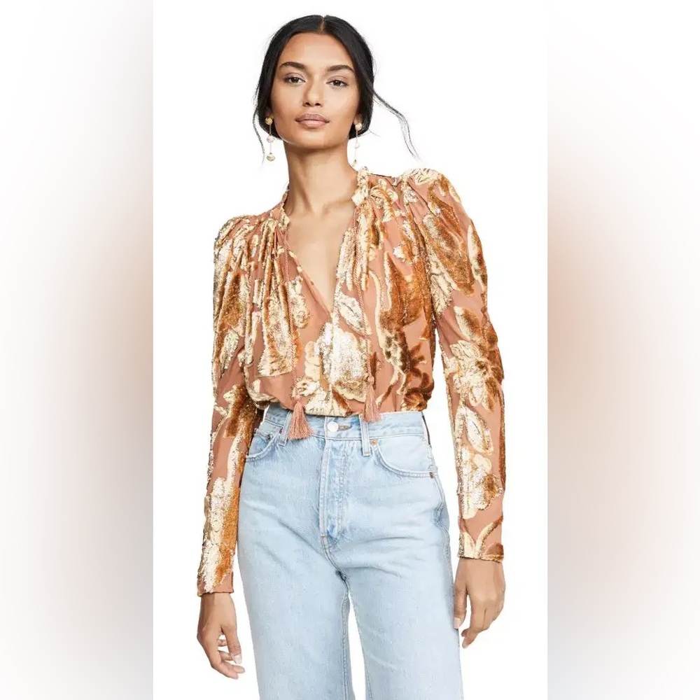 Ulla Johnson Camilla Blouse Rose Gold Blush Puff Sleeve Velvet Top Tassel Size 6